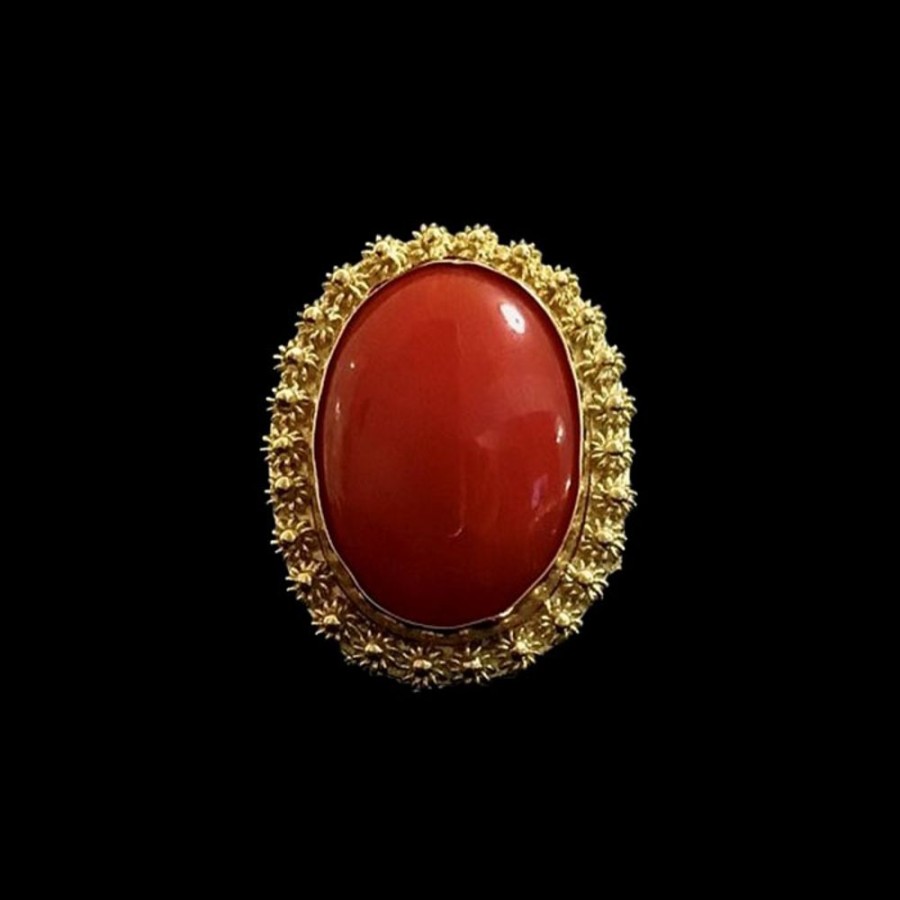 Gioielli Ferraro Gioielli | Anello Cabochon Ovale Corallo Rosso Sardegna E Nidi In Filigrana Oro