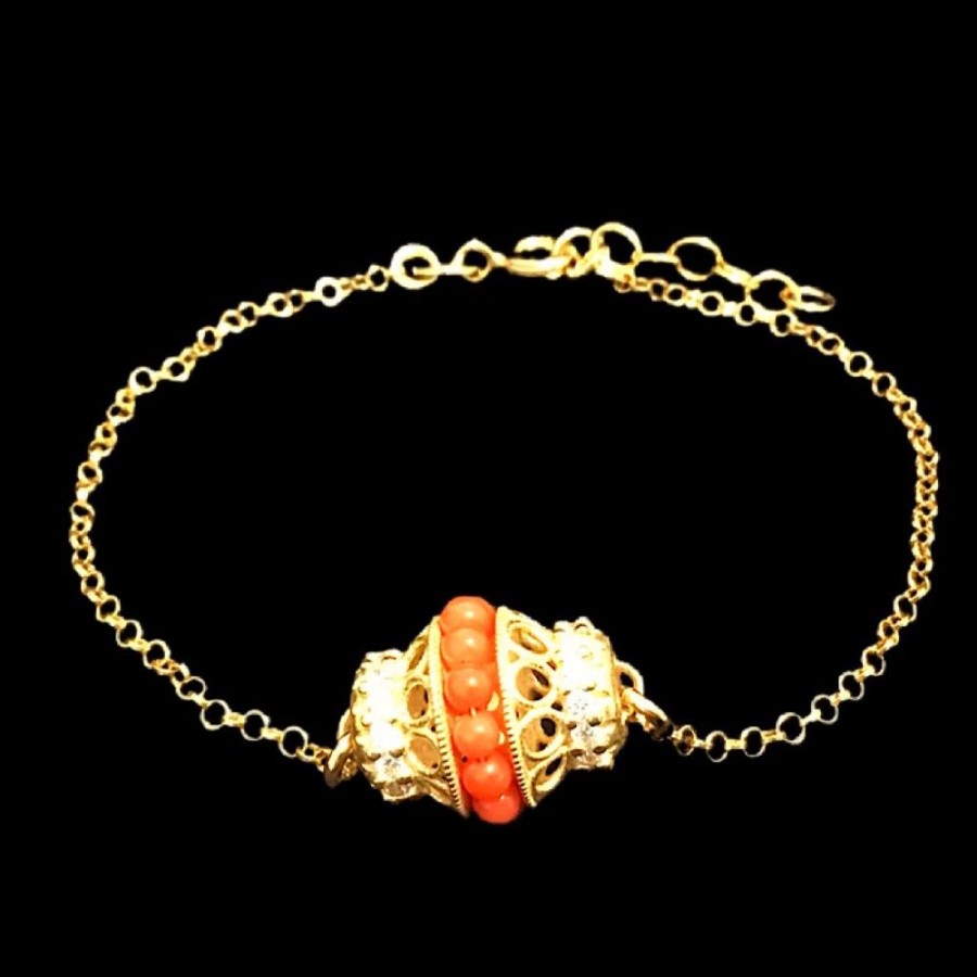 Gioielli Ferraro Gioielli | Bracciale Argento Placcato Oro Corallo E Zirconi Collezione Baroque