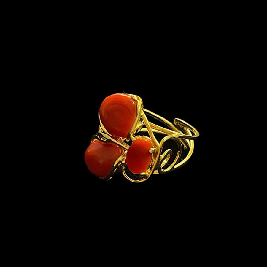 Gioielli Ferraro Gioielli | Anello Argento E Corallo Rosso 3 Stones Gold Plated