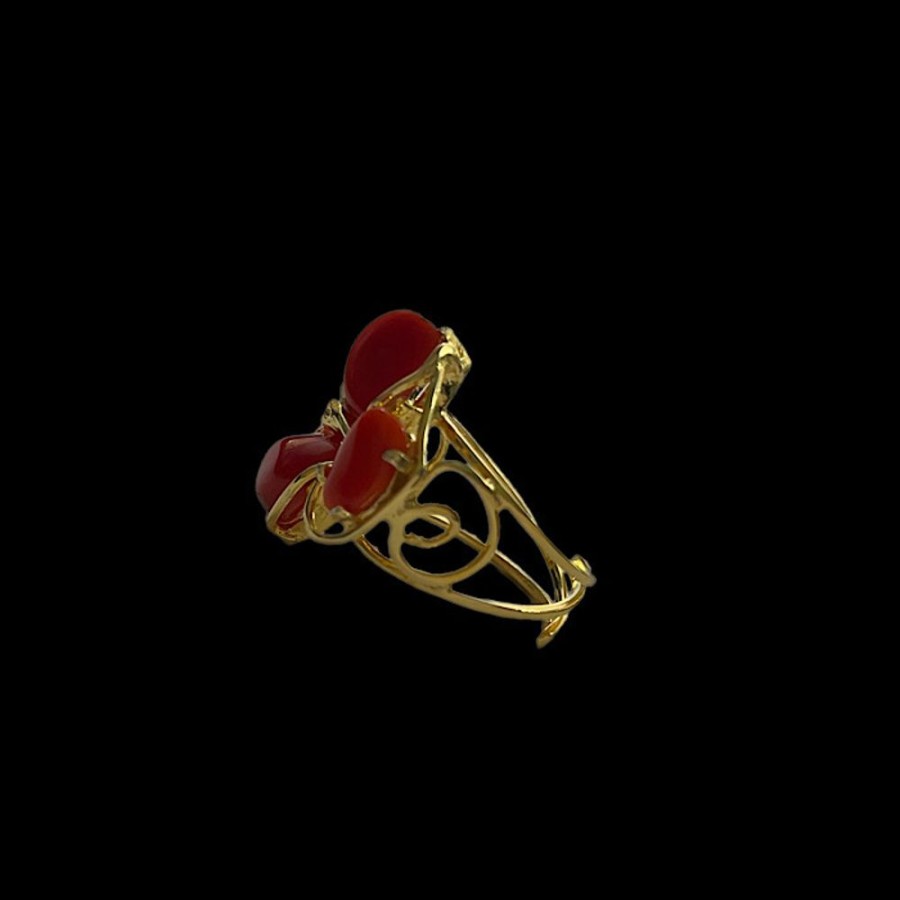 Gioielli Ferraro Gioielli | Anello Argento E Corallo Rosso 3 Stones Gold Plated