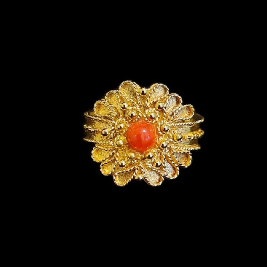 Gioielli Ferraro Gioielli | Anello Filigrana Oro Corallo Fede Sarda Collezione Foglia