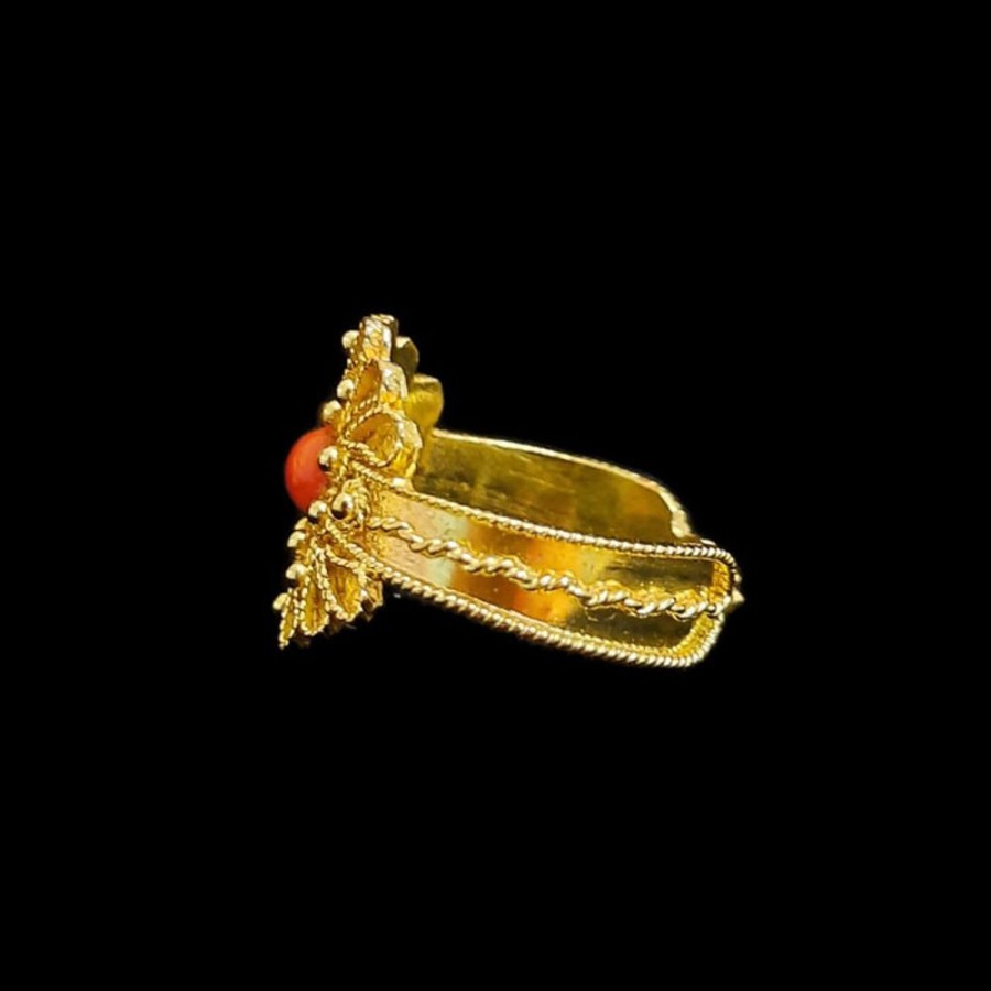 Gioielli Ferraro Gioielli | Anello Filigrana Oro Corallo Fede Sarda Collezione Foglia