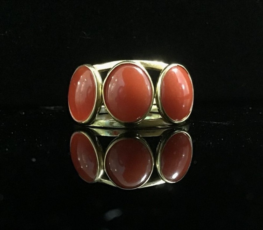 Gioielli Ferraro Gioielli | Anello Tris Cabochon Corallo Rosso Sardegna E Oro